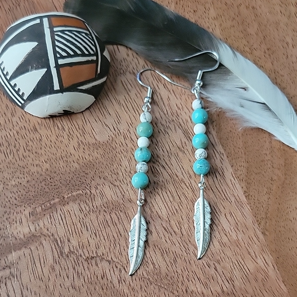 Turquoise Howlite Silver Feather Earrings Southwestern Western Boho Hippie